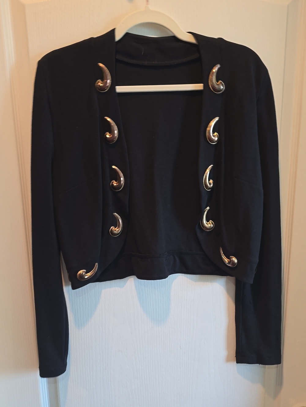 Black Cropped Cardigan with Decorative Silver Accents